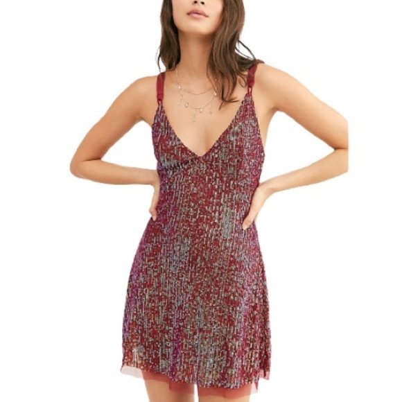 Free People Dresses & Skirts - Free People Sequined Gold Rush Mini Dress in Wine Combo